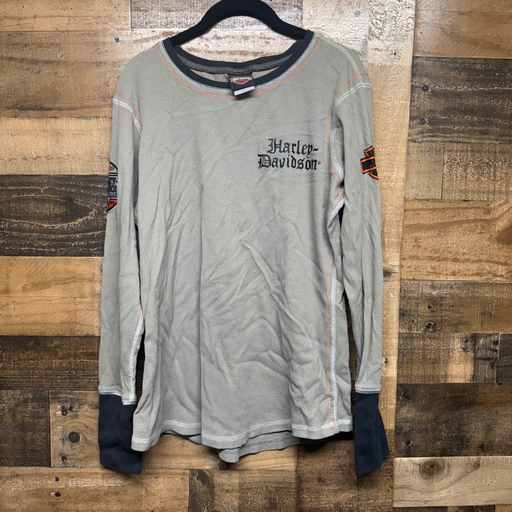 Harley Davidson Mens Gray Long Sleeve Thermal Shirt Graphic Print Size L